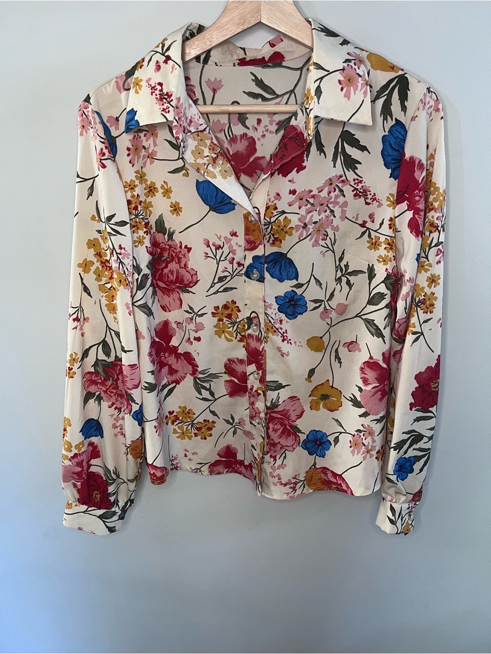 SHEIN Floral Button Down Blouse Cream Pink Blue Long Sleeve Top Sz‎ M 6